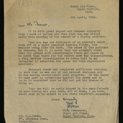 Letter to Mr H A Bower